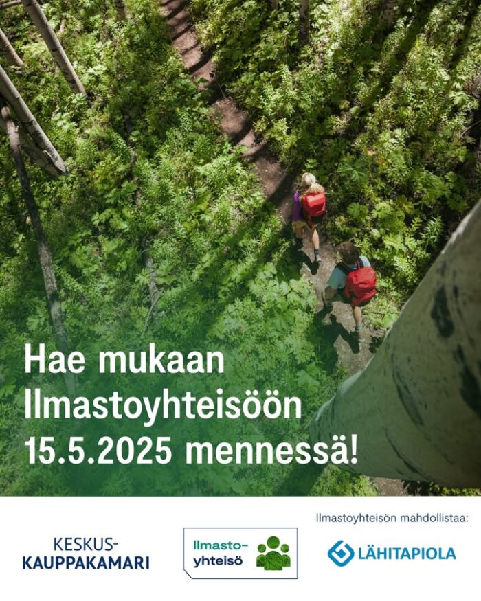 🌱 Haluatko kehittää yrityksesi ilmastovastuullisuutta yhdessä muiden pk-yritysten kanssa?

Hae mukaan pk-yritysten Ilmastoyhteisöön – verkostoon, jossa ilmastotyötä tehdään yhdessä, tavoitteellisesti, asiantuntijoiden opastuksella ja yhdessä. 

Ilmastoyhteisö on suunnattu pk-yrityksille, jotka haluavat:
• ymmärtää ilmastovastuunsa nykytilan
• oppia ilmastotyön parhaista käytännöistä
• saada konkreettisia työkaluja ja vertaistukea
• kasvattaa kilpailukykyään vastuullisuuden avulla

Saat käyttöösi hiilijalanjälkilaskurin, asiantuntijaohjausta ja ennen kaikkea toimivan yhteisön, jossa saat vertaistukea ja verkostoidut. Ilmastoyhteisöön osallistuminen on maksutonta. Ilmastoyhteisön mahdollistaa LähiTapiola. 

Hae mukaan viimeistään 15.5.! Tänä vuonna mukaan valitaan 150 pk-yritystä ympäri Suomea. 

Tutustu ja hae: kauppakamari.fi/vastuullisuus/ilmastoyhteiso
