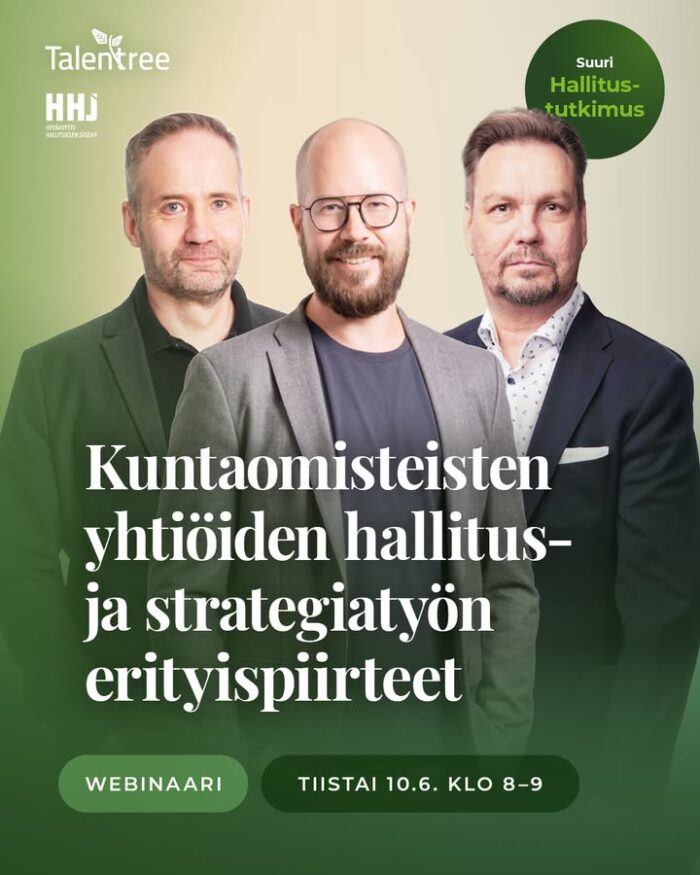 Omistajataho määrittää yhtiön suunnan, mutta kuinka kuntaomisteisen yhtiön johtaminen eroaa muista? Kuinka toimii kuntaomisteisten yhtiöiden OHJ-ketju (omistajat-hallitus-johto) ja minkälaista erityispiirteitä omistusrakenteet tuovat hallitustyöskentelyyn?🗓️ Ti 10.6. webinaarissa käymme läpi kuntaomisteisten yhtiöiden:📌hallitus- ja strategiatyön erityispiirteet📌omistajaohjauksen vaikutukset työhön sekä📌vertailudataa Suuresta hallitustutkimuksesta.Talentreen perustajaosakkaan Antti Haapakorvan vieraana Servica Oy:n toimitusjohtaja Mika Takkinen sekä hallitusammattilainen Heikki Käkönen. Käkönen toimii myös Hallituspartnereiden kuntatoimikunnassa, jonka roolina on edistää hyvää kuntayhtiöiden hallitusosaamista.Webinaari on toteutettu yhteistyössä HHJ kanssa. Kevään 2025 webinaarisarjassamme tarkastelemme myös Suuren hallitustutkimuksen tuloksia eri näkökulmista. Webinaarit ovat maksuttomia.